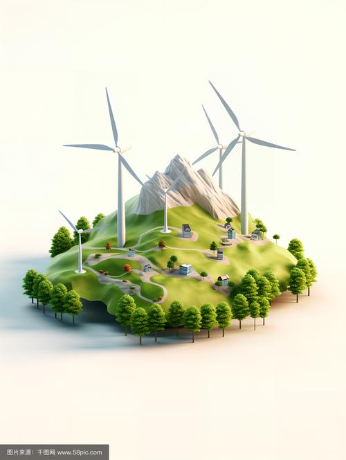 起伏的3d景观中的风力涡轮机
